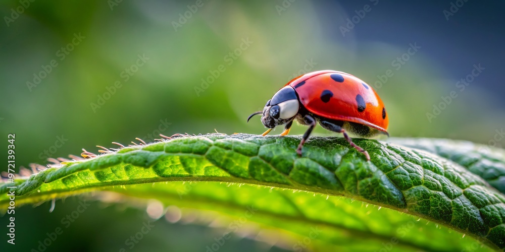 Obraz premium A tiny, red, spotted ladybird fixes its bright eyes on the surrounding greens as it balances delicately on