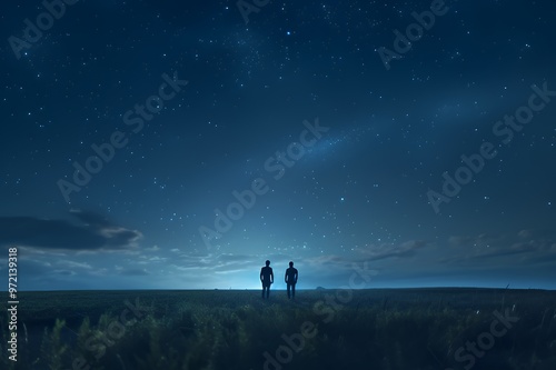 Two Silhouettes Stand In A Field Under A Starry Night Sky.