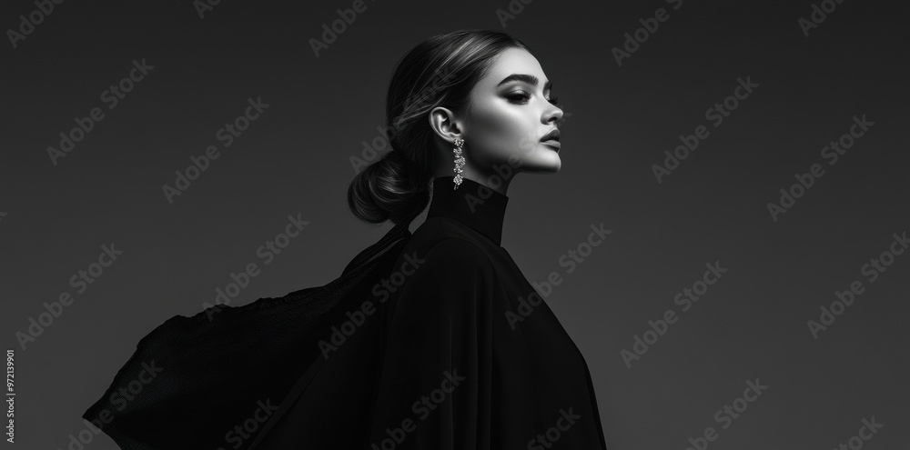 A model in a dramatic black-and-white photograph, striking a classic pose with a timeless outfit, exuding monochrome elegance and vintage charm. A model in a dramatic black-and-white photograph, striking a classic pose with a timeless outfit, exuding monochrome elegance and vintage charm.