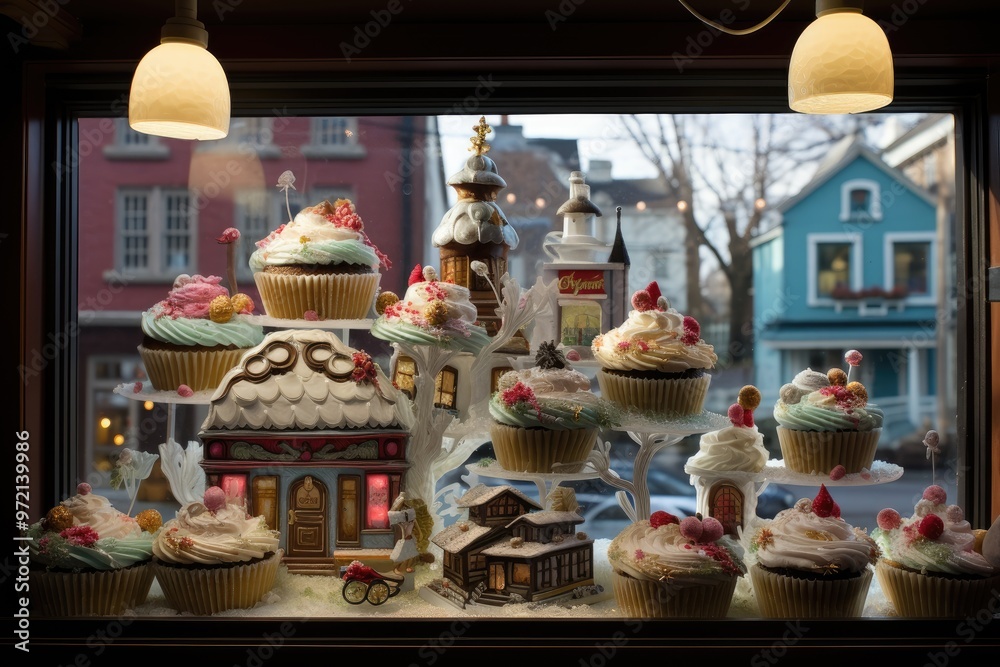 Cupcake Decorations: Zoom in on the intricate decorations of cupcakes, with a village marketplace visible through the bakery window. Cupcake Decorations: Zoom in on the intricate decorations of cupcakes, with a village marketplace visible through the bakery window.
