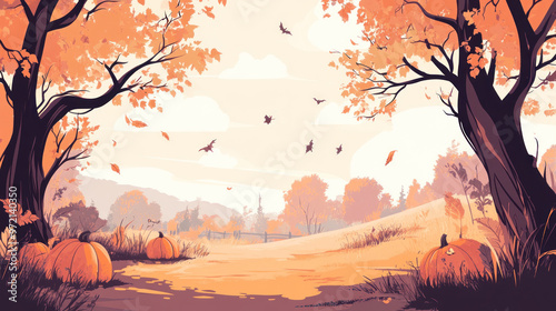 Wallpaper Mural Autumn Trees with Pumpkins in the Countryside, Abstract Digital illustration Torontodigital.ca