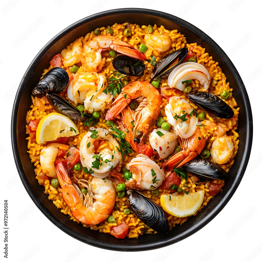 Top view Delicious spanish paella seafood in a dark pan isolated on white background Top view Delicious spanish paella seafood in a dark pan isolated on white background