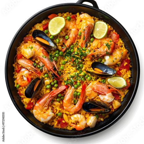 Top view Delicious spanish paella seafood in a dark pan isolated on white background