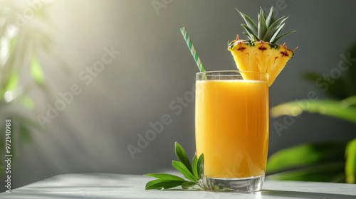 A glass full of cold pineapple juice sits on a sunlit table, with vibrant green leaves and a straw adding a fresh touch. The scene is set against a gray background, highlighting the refreshing and tro photo