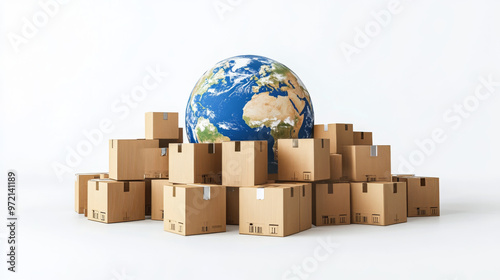 A blue Earth planet globe is surrounded by a heap of stacked corrugated cardboard boxes, representing parcel goods. This illustration emphasizes the worldwide delivery and logistics business, with a f