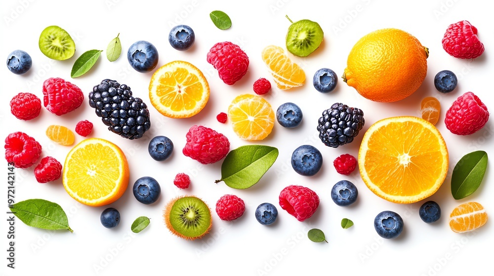 A mix of fresh fruits, berries, and green leaves on a white background. A mix of fresh fruits, berries, and green leaves on a white background.