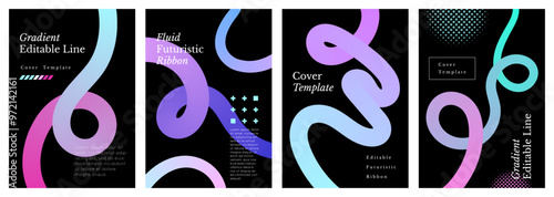 Banners set with fluid gradient ribbons. Cover design template. Flowing colourful lines. Vector illustration. Vertical placards, futuristic posters, presentation layout. Wavy shapes and tech graphics.