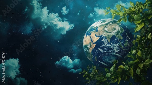 Earth globe surrounded by green leaves, a starry night sky in the background.