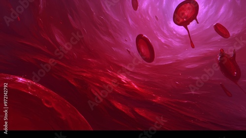 Abstract digital art depicting red orbs and swirling blood-like liquid in a purple void photo