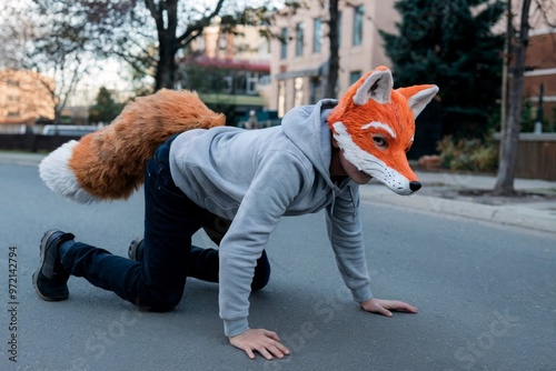 Teenager crawling on a street wearing a fox mask and tail. Youth subculture and quadrupedal movement concept. Photo for social media, blogs, or articles. photo