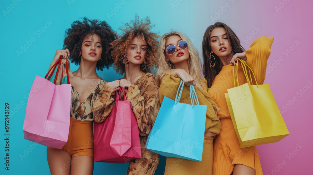A group of young women proudly showing off their new purchases and shopping bags against a colorful backdrop. Celebrate the joy of finding the perfect items and enjoying a great shopping experience! A group of young women proudly showing off their new purchases and shopping bags against a colorful backdrop. Celebrate the joy of finding the perfect items and enjoying a great shopping experience!