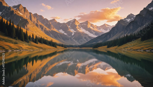 Snowcapped Mountains at Sunset Golden Hour on Snowcapped Mountains Reflected in a Tranquil Lake