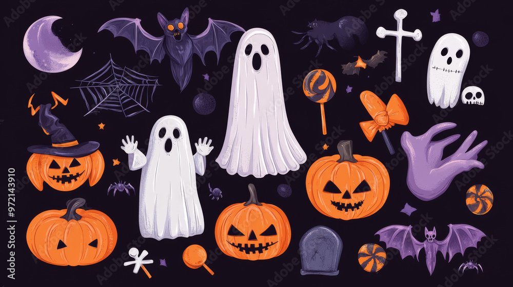 Check out our adorable collection of Halloween-themed elements for your decorations and prints. Featuring cute ghosts, pumpkins, bats, candy, cats, skulls, spiders, graves, and zombie hands—perfect fo Check out our adorable collection of Halloween-themed elements for your decorations and prints. Featuring cute ghosts, pumpkins, bats, candy, cats, skulls, spiders, graves, and zombie hands—perfect fo