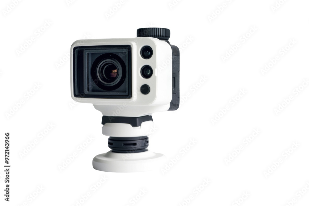 A modern action camera mounted on a stable base, designed for high-quality video and photo capture in various environments. A modern action camera mounted on a stable base, designed for high-quality video and photo capture in various environments.