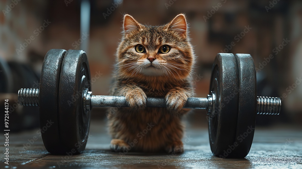 Fototapeta premium Cute small kitten lifts a large barbell