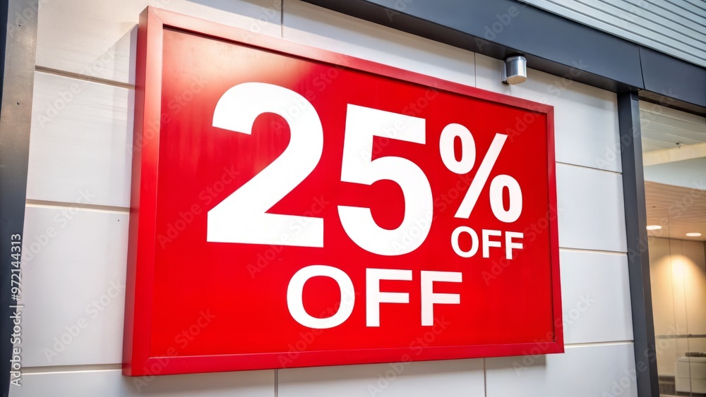 Bright red and white signage stands out against a plain white background, boasting large black text that loudly Bright red and white signage stands out against a plain white background, boasting large black text that loudly