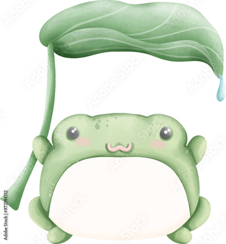 Cute frog with leaf umbrella .eps