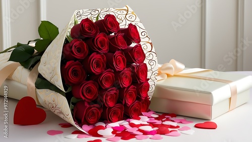 A bouquet of vibrant red roses wrapped in elegant paper, sitting on a bed of heart-shaped confetti, ready to be given as a Valentine’s Day gift