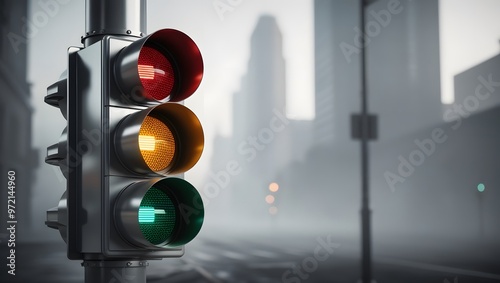 Red, yellow, green traffic lights in the middle of an intersection. photo