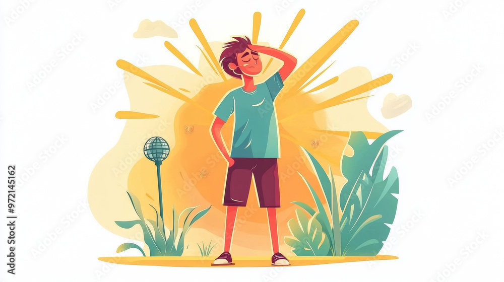 A heat wave scene featuring a character struggling with extreme heat. The illustration highlights the effects of climate change leading to unusually high temperatures. The person is exposed to intense A heat wave scene featuring a character struggling with extreme heat. The illustration highlights the effects of climate change leading to unusually high temperatures. The person is exposed to intense
