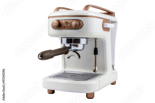 Modern espresso machine with sleek design and brown accents, perfect for brewing fresh coffee at home or in cafes.