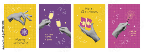 Set of New Year greeting cards with collage designs. Trendy pop art template for winter holidays cards, banners, posters