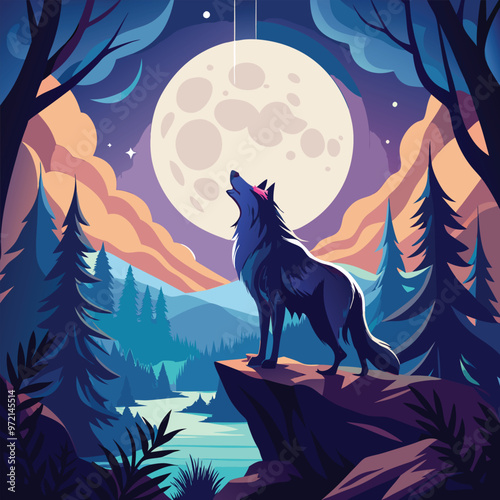 A wolf howling at a full moon on top of mountain in the forest at night vector illustrator 