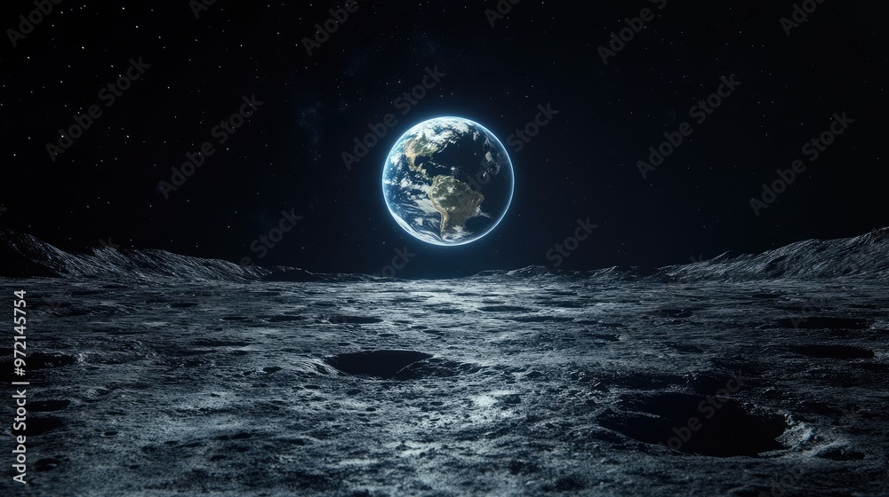 A view of Earth from the moon's surface, showcasing the planet's beauty and fragility in the vastness of space. A view of Earth from the moon's surface, showcasing the planet's beauty and fragility in the vastness of space.