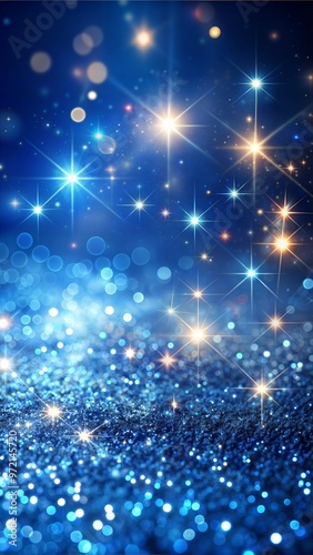 Glowing Sparkles on a Dark Blue Background: Magical Closeup of Glitter with Twinkling Light and Ethereal Depth photo