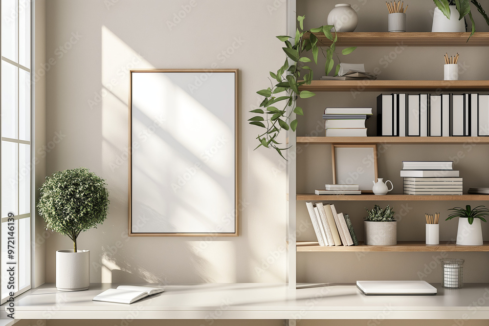 Minimalist home office interior with blank canvas frame mockup on the wall Minimalist home office interior with blank canvas frame mockup on the wall