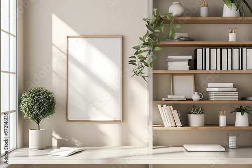 Minimalist home office interior with blank canvas frame mockup on the wall