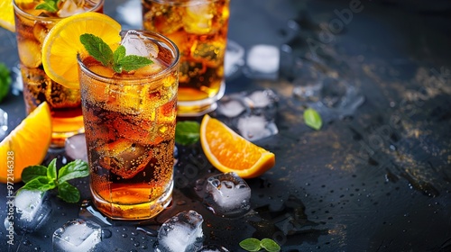 Refreshing Orange and Cola Drink with Ice and Mint photo