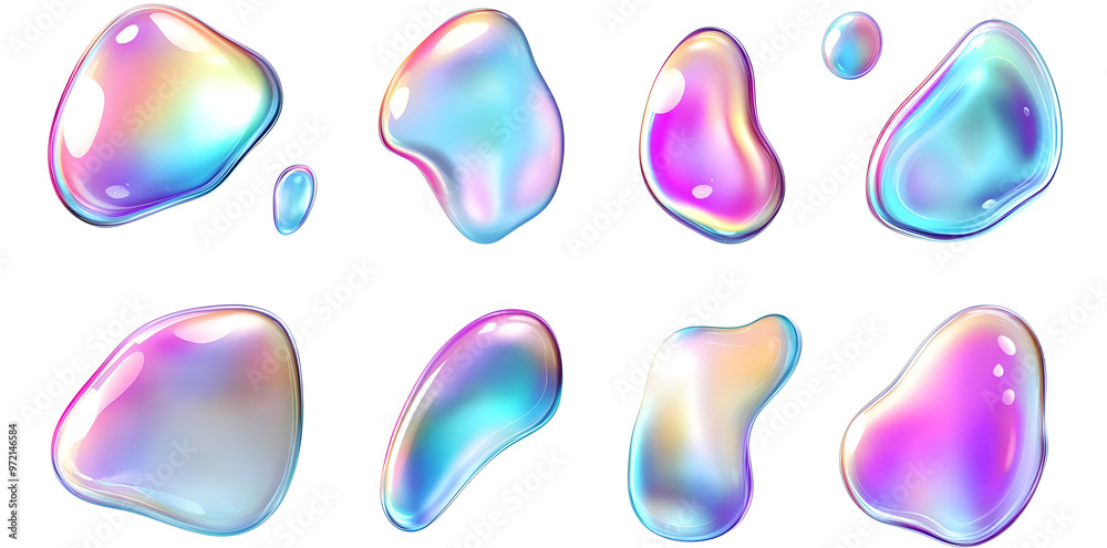 3d iridescent holographic liquid bubbles set isolated on white background