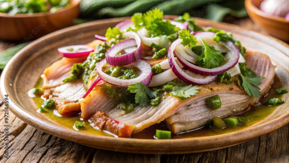 Crunchy pig skin meets fresh flavors in this vibrant dish, topped with sautéed onions, cilantro's herbal notes, and Crunchy pig skin meets fresh flavors in this vibrant dish, topped with sautéed onions, cilantro's herbal notes, and