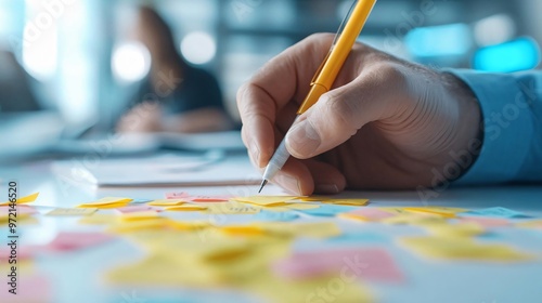 A close-up of a person writing on sticky notes with a pencil, illustrating brainstorming and creativity in a collaborative workspace.