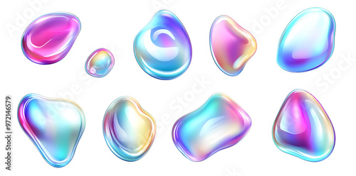 3d iridescent holographic liquid bubbles set isolated on white background