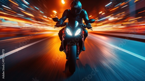 Motorcycle Speeding Through City at Night