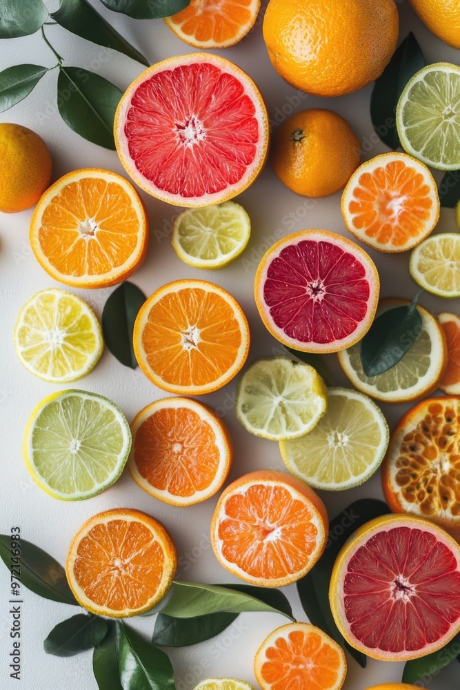 Obraz premium Various citrus fruits overhead view.