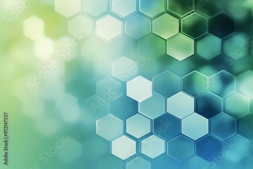 Hexagonal Harmony: An abstract background of interconnected hexagons shimmers with a vibrant green and blue gradient, evoking a sense of scientific innovation and technological advancement. 