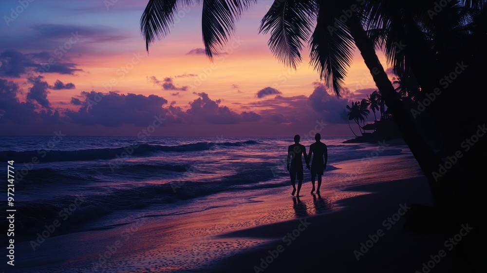 Silhouetted couple walking on a beach at sunset, surrounded by palm trees. Silhouetted couple walking on a beach at sunset, surrounded by palm trees.