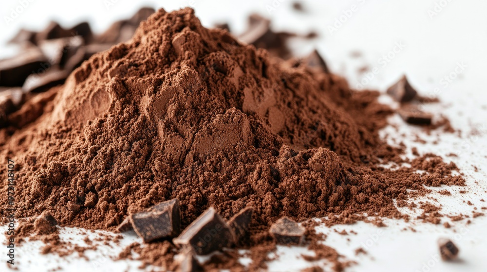 A rich brown heap of cocoa powder on a clean white background, perfect for baking and ingredient-focused visuals A rich brown heap of cocoa powder on a clean white background, perfect for baking and ingredient-focused visuals