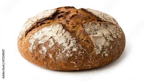 A round loaf of rye bread with a dense texture, set against a bright white backdrop