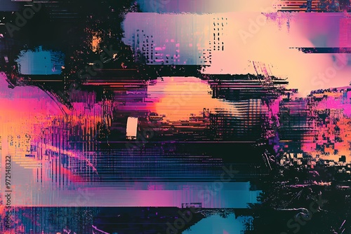  Glitch Art: A digital abstract artwork featuring vibrant colors and distorted geometric shapes, creating a dynamic and vibrant aesthetic. 