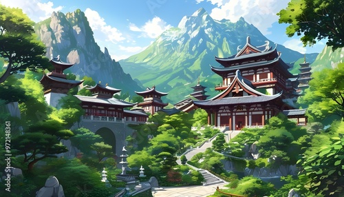 Enchanting Anime Park featuring Traditional Asian Architecture, Lush Greenery, and Majestic Mountains, perfect for Fantasy and Tranquil Nature Enthusiasts