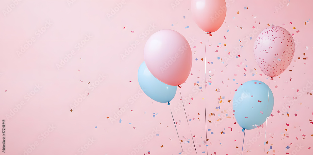 Fototapeta premium Pastel Balloons with Confetti on a Purple Background with copy space 