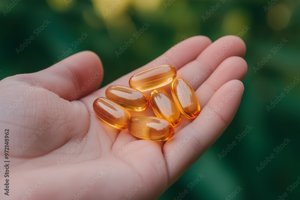 Macro Shot of Hand Gently Holding Vitamin E Capsules, Emphasizing Role in Skin Hydration and Rejuvenation Macro Shot of Hand Gently Holding Vitamin E Capsules, Emphasizing Role in Skin Hydration and Rejuvenation