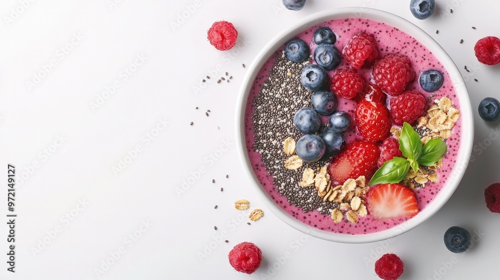A smoothie bowl with fresh berries, chia seeds, and granola, placed on a plain white background, perfect for wellness visuals A smoothie bowl with fresh berries, chia seeds, and granola, placed on a plain white background, perfect for wellness visuals