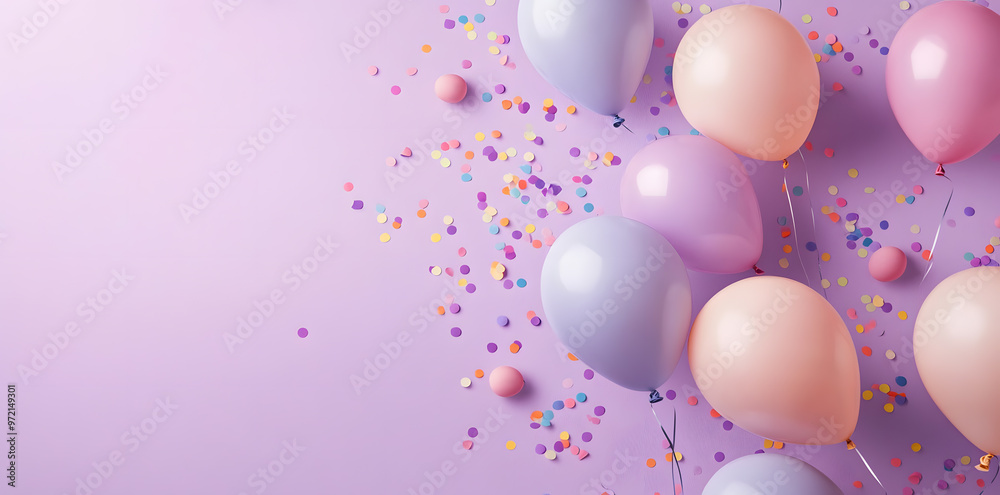 Pastel Balloons with Confetti on a Purple Background with copy space Pastel Balloons with Confetti on a Purple Background with copy space