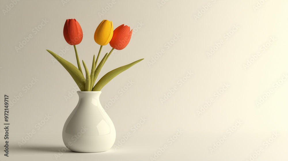 Simple tulips in a white vase on a light background Simple tulips in a white vase on a light background