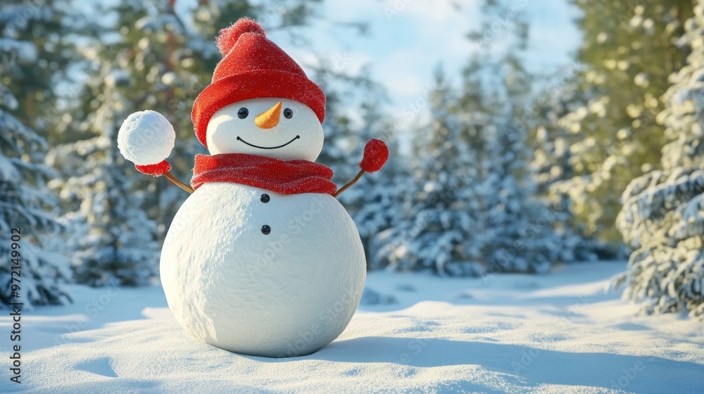 A cheerful snowman in a snowy landscape, wearing a red hat and scarf, holding a snowball. A cheerful snowman in a snowy landscape, wearing a red hat and scarf, holding a snowball.